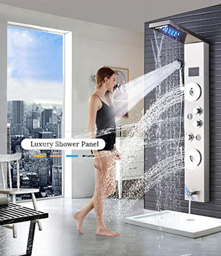 Wieoc Système de tour de panneau de douche en acier inoxydable, pommeau de douche à cascade de pluie à LED Pommeau de douche à main Jets de corps Affichage de la température de l'eau