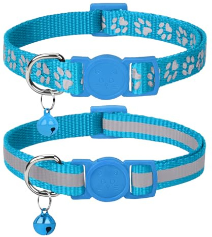 Taglory Collare Gatto Riflettente, 2 Pezzi Collari per Gatti Antistrozzo con Campanellino e Fibbia di Sicurezza, Stampa Zampa Carina 15-20cm Azzurro