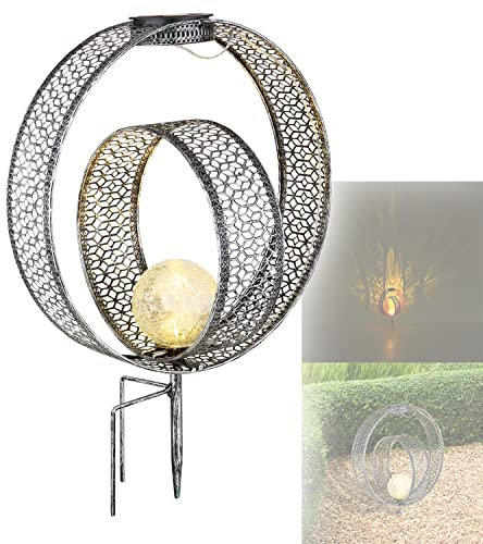 Solarlampe für Außen Stehend Ring mit Pflegetuch – Solarleuchte Garten 42 cm – Außenleuchte Gartenlampe LED – Leuchte Solar Aussenlampe IP 44 Silber Glas Metall Erdspitz