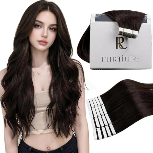 RUNATURE Tape Extensions Echthaar Braun 30cm 20pcs 30g #2 unsichtbar | Doppelt Gewebte Remy Tapes – Hitzebeständig, Langlebig. Sattes Dunkelbraun, Seidig, Kein Haarausfall.