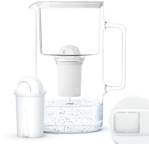 Wessper Jarra Filtradora De Vidrio Con 1 Cartucho De Filtro, Compatible Con El Filtro Brita Classic, Reduce La Cal, El Cloro Y Los Microplásticos, 3 Litros, Blanco