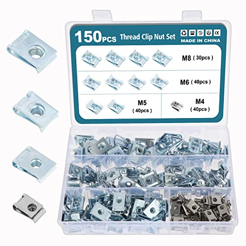 HSEAMALL 150-teiliges Blechmutter Schraube Gewinde Clip Mutter Set M4 M5 M6 M8 U-Typ Blechmuttern Schrauben Befestigung Clips für Auto Kfz Motorader