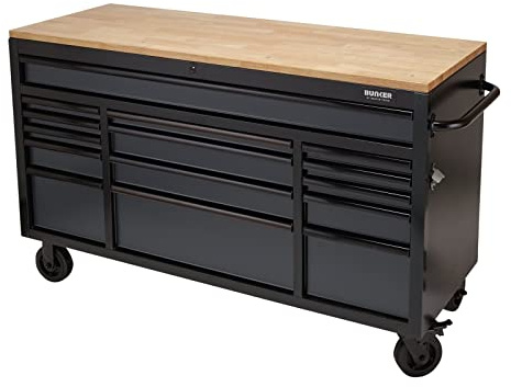 BUNKER 08238 Workbench Roller Tool Cabinet, 15 Drawer, 61, Grey