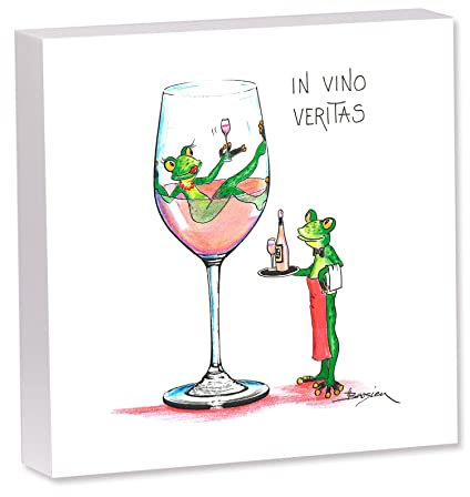 Frosch In Vino Veritas | Kunstdruck auf Holz | Bild Wandbild Druck | Wein Weinglas | 20x20 cm | Künstlerin: Heidemarie Brosien
