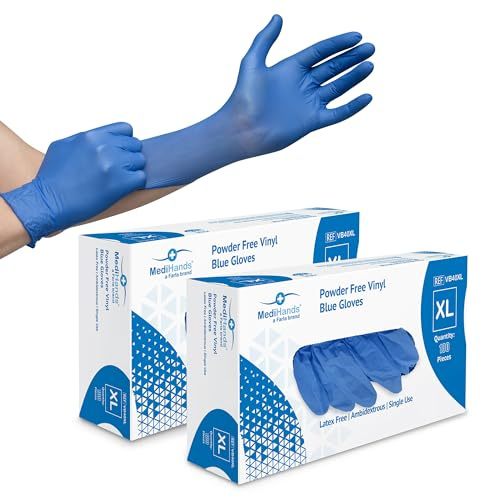 Farla MediHands Blue Extra Large Vinyl Gloves - Box of 200 Disposable Vinyl Medical Glove - Powder, Latex, & Protein Free Glove - Multi-Purpose, Single Use Surgical Gloves