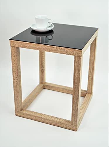 freeroom24, Beistelltisch, Wohnzimmertisch, Couchtisch, Coffee Table, Kaffeetisch, Blumenhocker, Blumensäule, Cube, Holzoptik Sonoma Eiche Nachbildung, Glas schwarz, 40 x 40 x 80cm, Made in Germany