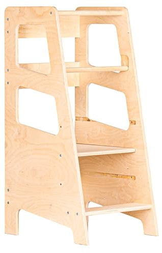 BABYLIKE Montessori Lernturm für Kinder | Lernstuhl ab 1 Jahr | Learning Tower | Tritthocker mit 2 Stufen & verstellbaren Fachböden | 47x40x90 cm | Naturholz