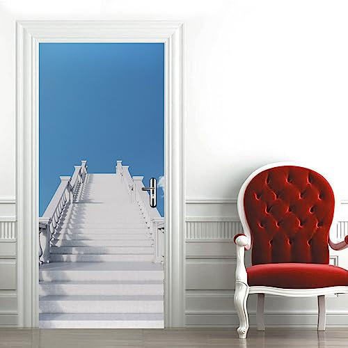 A.Monamour Türtapete Selbstklebend Türfolie Türposter 3D Weiße Treppen Die In Den Blauen Himmel Führen Vinyl Folie Türdeko Tapete Wandbild Türaufkleber Türtattoo 77x200cm