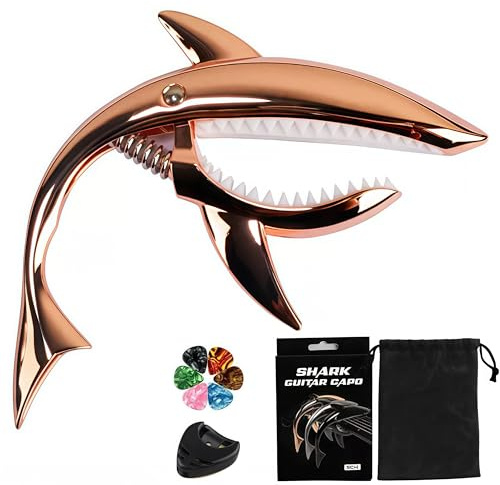 Guitar Capo Shark Guitar Capo Acoustic Capo Electric Guitars Capo Premium Zinc Alloy Guitar Accessories Ukulele Mandolin Banjo Bass (Rose Gold with 6 Picks)