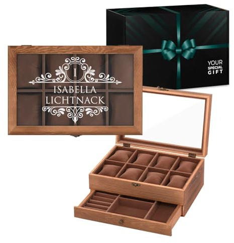 Maverton Uhrenbox mit Gravur - braune Uhren Aufbewahrungsbox für 8 Uhren mit Glasdeckel und Schublade für Schmuck - funktionale Schmuckschatulle für Frauen und Paar - 30x20x12,5cm - Name | Schmuckkästchen mit 8 Fächern und Schublade, für Geburtstag, Hochzeit, Jahrestag, königlich