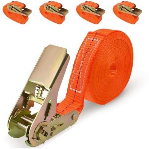 URAQT Heavy Duty Ratchet Straps, 4 x 1000KG Heavy Duty Tensioning Belts, 25mm 6M Tie Down Straps, Adjustable Ratchet Tie Downs Straps for Motorcycle, Cargo, Trucks, Trailer, Luggage (Orange)