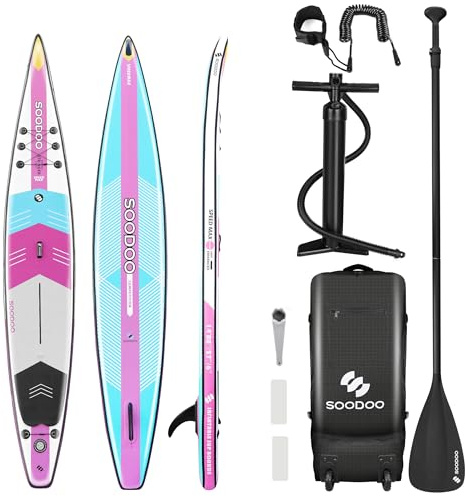 SOODOO Inflatable Stand Up Paddling Board, 14'x27x6 V-Shaped Paddle Board for Expert Paddlers, Surfboard for Youth & Adult, SUP with Adjustable Paddle, Backpack, Removable Fins (38PKB)