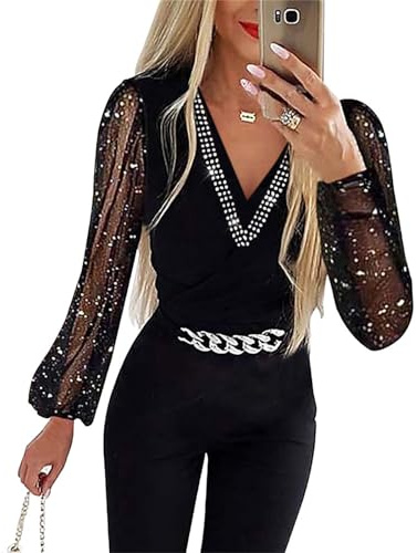 callmo Jumpsuit Damen Glitzer Damen Jumpsuit Elegant Langarm V Ausschnitt Lang Overall Hosenanzug Breites Bein Romper mit Gürtel Glitzer Party Abendmode