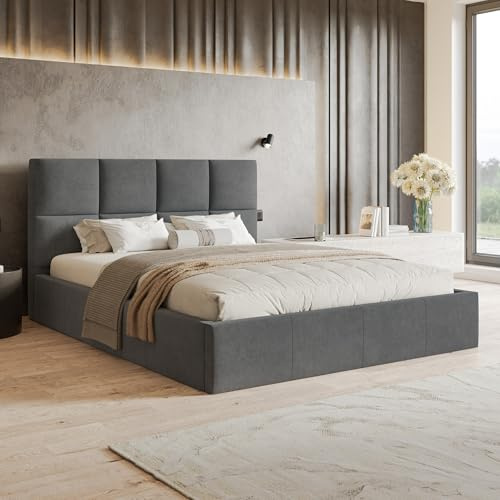 MOTIVENA Star Bett 180x200 Grau Samt, mit Stauraum, mit Kopfteil, mit Lattenrost, ohne Füße, ohne Matratze, Polsterbett 180x200 mit Bettkasten Grau (Anthrazit)