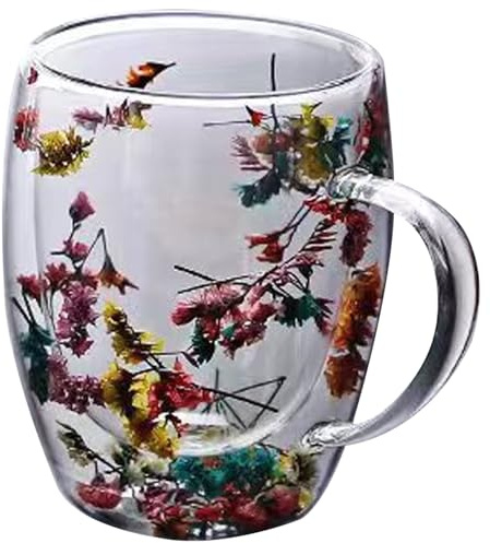 Double Walled Glass Coffee Mug with Anti-Scald Handle - 350ml Clear Cup for Hot Drinks and Tea, Milk with Dried Flowers, Type 2