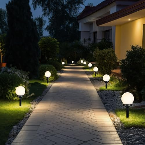 GLOBO Solarleuchte Erdspieß Steckleuchte Kugel Kugellampe weiß Solarlampe Gartendeko, 1x LED warmweiß, DxH 10x35 cm, 4-6-10er Set, Menge:10