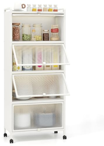 COSTWAY Küchenschrank hoch, Küchenregal mit Rollen, 5-stufig, Mikrowellenständer mit aufklappbaren PC-Türen & Kippschutz, Standregal Hochschrank, für Küche Esszimmer Wohnzimmer (Weiß)