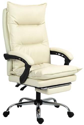 Vinsetto Bürostuhl Ergonomischer Schreibtischstuhl mit Armlehne, Fußstütze, Höhenverstellbarer Drehstuhl aus Kunstleder, Gepolstert Computerstuhl, Beige
