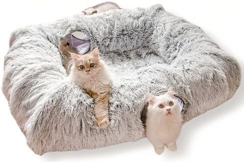 XxingSheep 4 Cave Shuttled XL Cat Tunnel Bed for Indoor Cats Peekaboo Toy Donut with Warm Mat