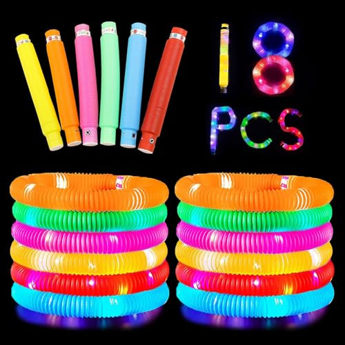 18 Stück Knicklicht Pop Tubes,LED Stretchrohr Leuchtspielzeug Fidget Toys,Leuchtstäbe Armbänder Party Deko,Bunt Festival Sensorik Spielzeug Röhren Mitgebsel Kindergeburtstag für Halloween,Weihnachten