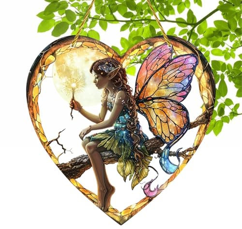 Acchiappasole Fata, Acchiappasole Fata a Forma di Cuore, Decorazione per Finestra in Acrilico a Tema Fatato, Acchiappasole Fata da Appendere con Design in Vetro Colorato per Giardini Fatati e Decorazi