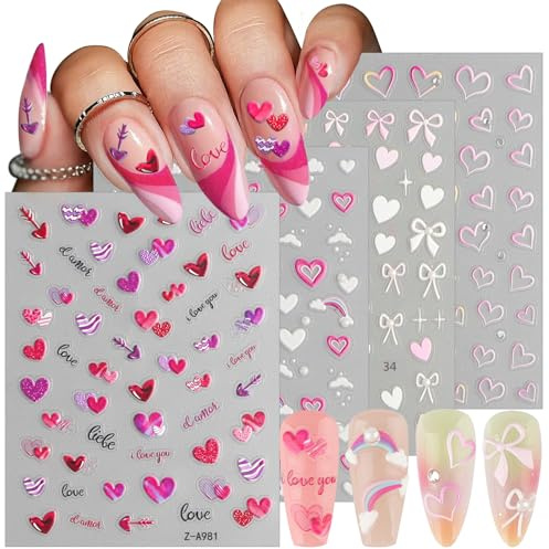 EBANKU 4 Blatt Nagelsticker Herz Fliege Nagelaufkleber Valentinstag Selbstklebend Nagelaufkleber 5D Stereoskopisch Dekoration Nageldesign Zubehör mit Nagelpinzette