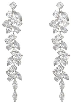NB-LYT Silver Diamond Dangle Earrings - Long Chain Chandelier Drop Earrings with Crystal Fringe Leaf Design for Wedding Bridal Earrings