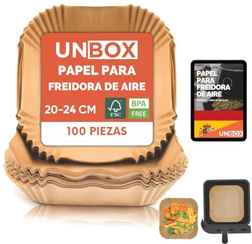 UNBOX Airfryer Backpapier – 20-24cm – 100 Stück, Pergamentpapier für Airfryer XXL, Antihaft & Ölbeständig, Backpapier für Heißluftfritteuse Cosori 4,7/5,5L, Philips 6,2L/7,3L, Cecotec 5,5L/6L, Tefal