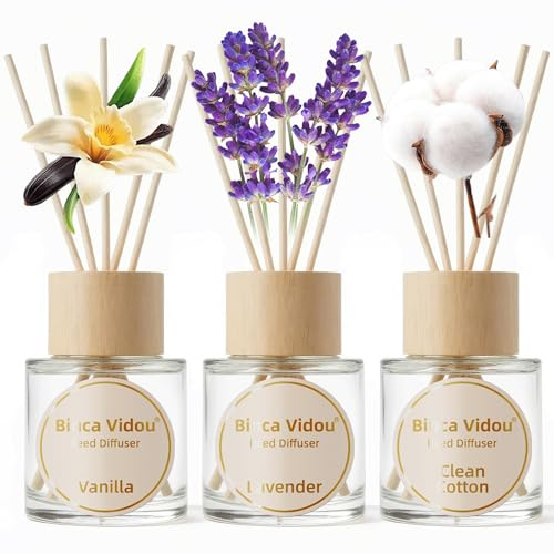 Binca Vidou Reed Diffuser Set of 3, Natural Scent Oil Diffusers with Sticks for Home Office Bathroom Aromatherapy Decor (Lavender, Vanilla, Clean Cotton, 50ml x 3)