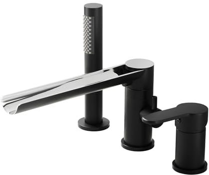 Miscelatore Doccia Cascata Nero Rubinetteria 3 Fori Vasca Rotazione a 360° Rubinetto Bordo Vasca con Doccia