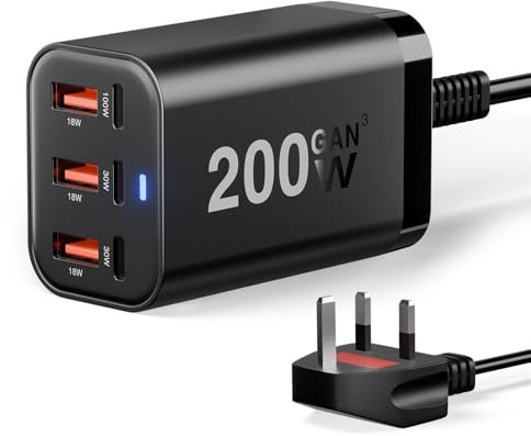 200W USB C Fast Charger 6-Port GaN III USB Charging Station PD 100W 65W Laptop Desktop Charger Compatible with MacBook Pro/Air,Steam Deck,Dell XPS,iPhone 16 Pro/15,Galaxy S24/S23/Switch 2