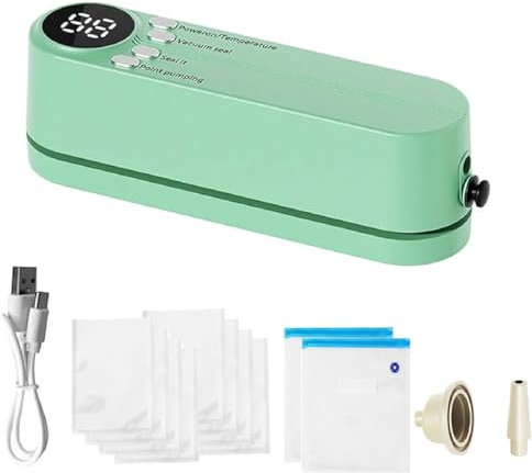 Rightfavour Mini Vacuum Sealer Wireless Portable, 3 in 1 Mini Vacuum Sealer for Food, Handheld Heat Vacuum Sealer with 10 Vacuum Bags, Rechargeable Food Sealer for Dry and Moist Food Storage (Green)