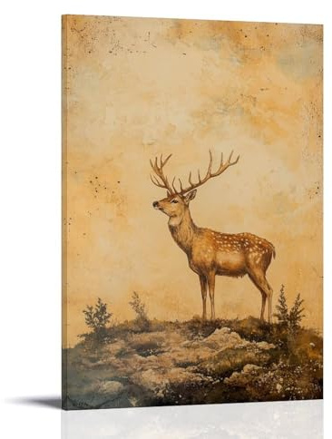 LXPPLSYY Decorazione artistica da parete moderna da appendere con un cervo solitario in piedi sotto la nebbia mattutina, corna che si allungano verso un cielo pallido di farina d'avena