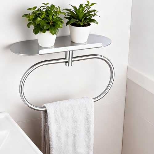 DIYZON Anillo de Toalla con Estante de Acero, Soporte Adhesivo de Acero Inoxidable, Anillo de Toalla de Mano Autoadhesivo para Baño, Colgador de Toallas Montado en la Pared para Baño (Plateado)