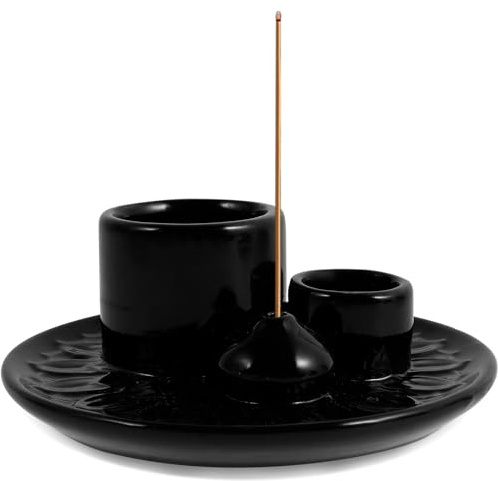 Räucherstäbchenhalter Hitzebeständig Elegant 13x13x5cm 4-in-1 Räucherschale Keramik Räucherschale für Jedes Räucherwerk Robust Salbeihalter zum Brennen Palo Santo Holder für Yoga Medita Büro (Schwarz)