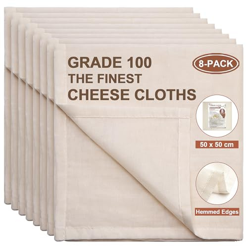 eFond Cheese Cloths for Straining with Hemmed Edges, 50x50cm (8-Pack) | Grade 100 Ultra Fine Mesh Reusable Muslin Cloths, Unbleached Pure Cotton Cheesecloth for Nut Milk, Butter, Baking & Cooking