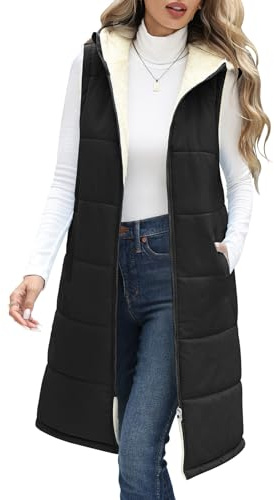 Vancavoo Chaleco Acolchado Mujer con Capucha Chaqueta sin Mangas Abrigo Plumas Largo Invierno Cálidos Chaleco de Forro Polar Outwear,Negro,XXL