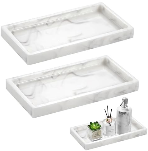 2pcs Bathroom Tray Organiser, Silicone Vanity Trays, 10×20cm Non-Slip Bathroom Trays, Toilet Tank Storage Organiser Decorative Tray for Perfume Candle, White Marble