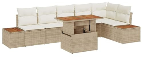 vidaXL Garten-Sofa-Set mit Speicher 7 pcs Beige Poly Rattan, Garten- und Terrassenmöbel, strapazierfähig, leicht, UV-beständig, modulares Sitz-Set, wetterfester Lounge-Sofa