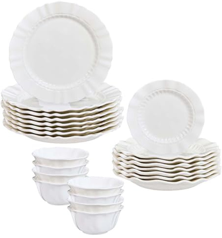 Ceramic Dinner Set Mix & Match Tableware Plates and Bowls Set with Beaded Edge Design Dishwasher/Microwave Safe Dinner Table Crockery for 8 People (24pc Set)