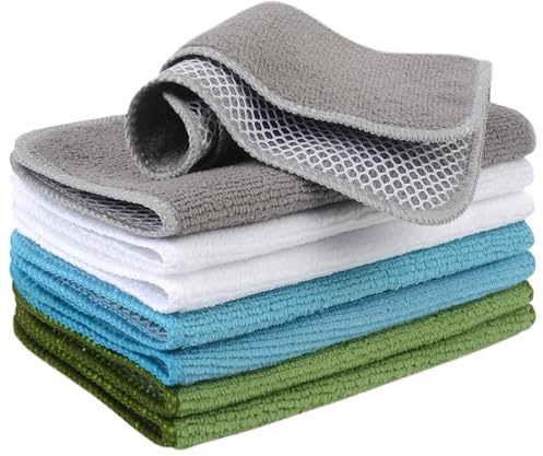 VIVOTE Microfaser Spültücher Spüllappen Putzlappen Waschbar Spültuch 8 pcs | Mit Poly-Mesh-Scheuerseite Abwaschtücher Küche Haushalt Tücher, 20cmx20cm (Grün+Seeblau+Weiß+Hellgrau)