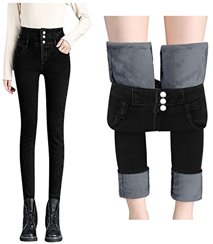 Fleecefodrade smala jeans för kvinnor termisk fleece fodrade jeggings – mode smala legging byxor vinter termiska leggings med fickor bekväma tjocka byxor hög midja tjocka stretchiga jeansbyxor, Svart