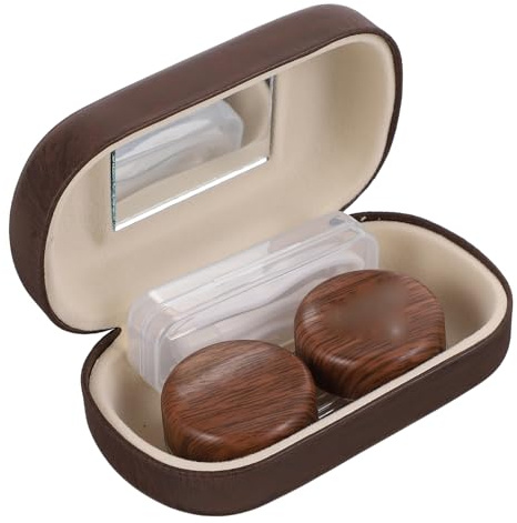 HAKIDZEL Kontaktlinsen Etui Braun aus Kunststoff mit Kleiner Spiegelbox | Leicht Tragbar, Dicht Schließend, mit Clip und Saugnapf Stick, Praktischer Organizer für Unterwegs