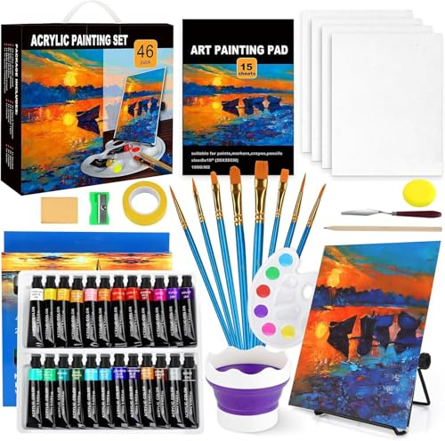 Set di Pittura Acrilica, Set Di Colori Acrilici Per Dipingere,24 Mlcolori Acrilici,Cavalletto Da Tavolo,4 Piatti Di Tela 8 Pennelli,Tazza Di Pulizia,Spugna, Tavolozza Per Artisti Principianti,per Prof