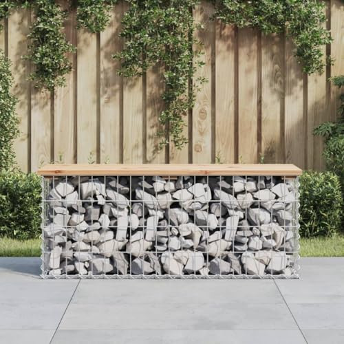 WITREE Gabionen Gartenbank Metall Gartenbank mit Gabionen Sitzbank aus Holz und Stein Gabionenkorb Sitzbank Outdoor Bank Garten Parkbank-Natürliche Kiefer-103 x 31.5 x 42 cm
