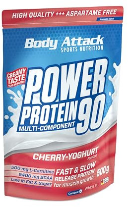Body Attack Power Protein 90, Ciliegia-Yoghurt, 500g, 5K proteine in polvere con proteine del siero di latte, L-carnitina e BCAA per la costruzione muscolare e il fitness.