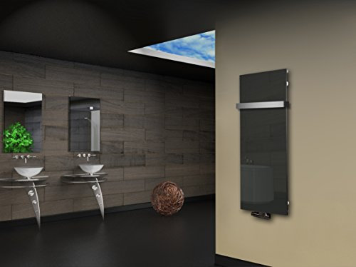 Badheizkörper mit Glas Design Montevideo 2 (Glasfront) 120x47cm 799 Watt anthrazit - moon +1 Halter 50mm SZAGATO Handtuchtrockner Handtuchhalter Paneelheizkörper vertikal Mittelanschluß