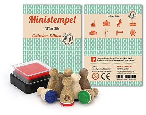 Stemplino Stempelset Wien, 8 Ministempel aus Holz mit Stempelkissen für Karten, Scrapbooking und Bullet Journal