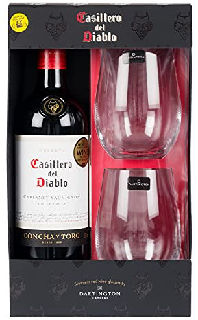 Casillero del Diablo Wine & Stemless Glasses Gift Set by Blue Tree Gifts, Includes 1x750ml Cabernet Sauvignon 13.5% ABV and 2x Stemless Wine Glasses (crystalline)