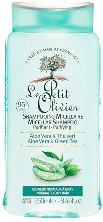 LE PETIT OLIVIER - Shampooing Micellaire Soin Purifiant - Aloe Vera & Thé Vert - Purifie & Allège - Cheveux Normaux À Gras - Sans Silicone/Sulfate - Fabriqué en France - 250 ml